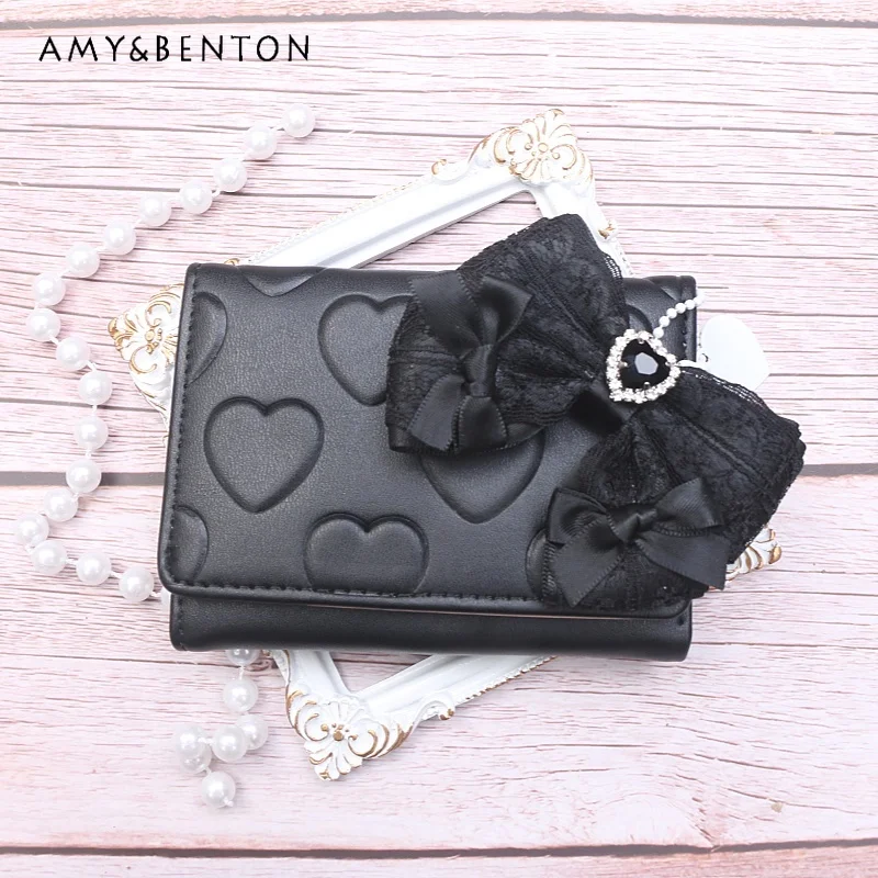 Handmade Japanese Sweet Lace Bow Love Rhinestone Pendant Handbags Pu Kawaii Printed Mini Square Bag All Match Lolita Girl Purses