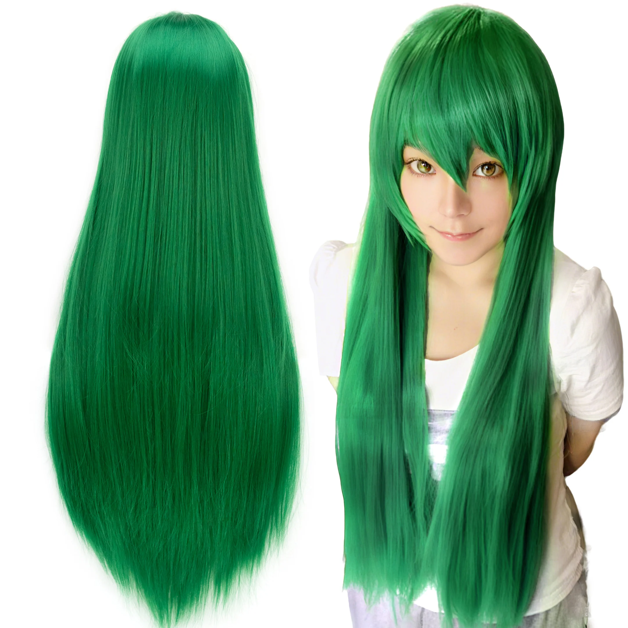 Synthetic Hair Bright Green Straight Long Wig Anime Cosplay Sothis Halloween Costume Mion Sonozaki Hair Wigs with Bangs