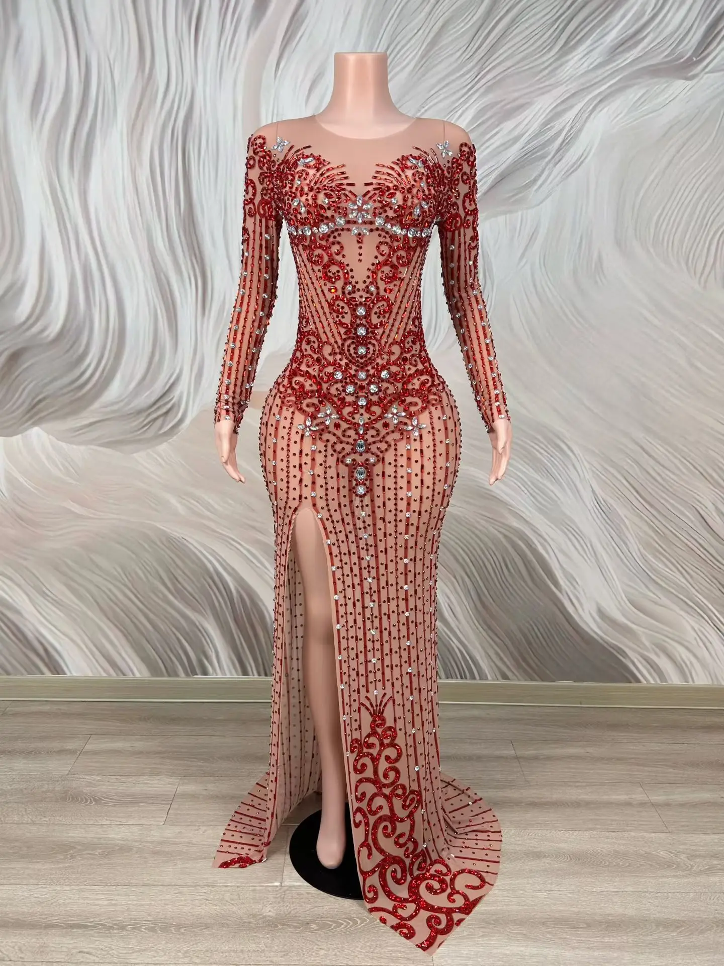Mumian Sparkly Red Silver Rhinestone Mesh Long Gown Long Sleeve See Through High Slit Singer Performance Costume