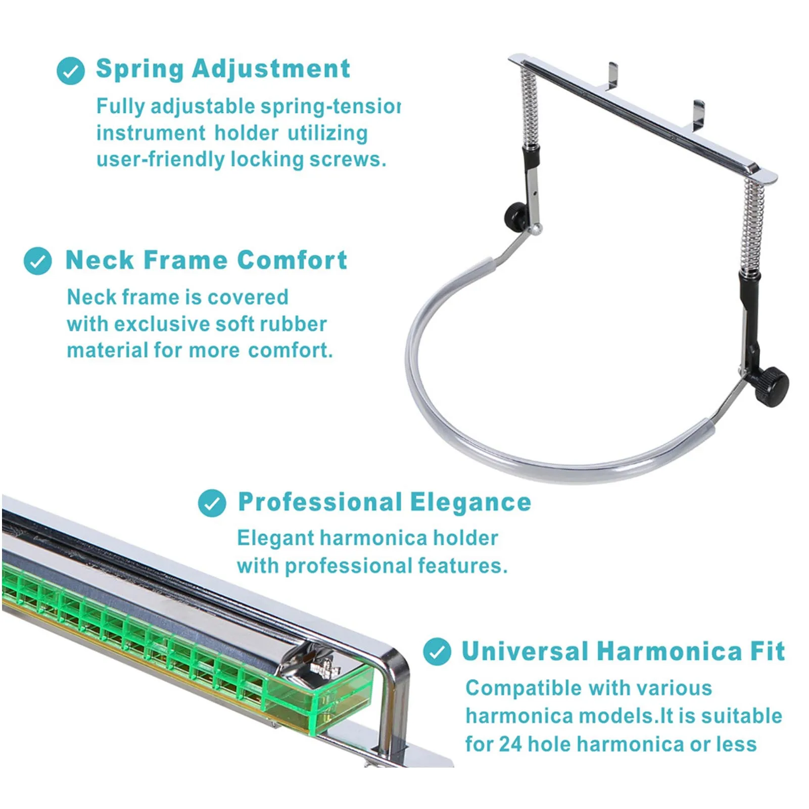 하모니카 홀더 조절 가능한 합금강 전문 하모니카 넥 홀더 10홀 24홀 하모니카용 실버 스티커 포함