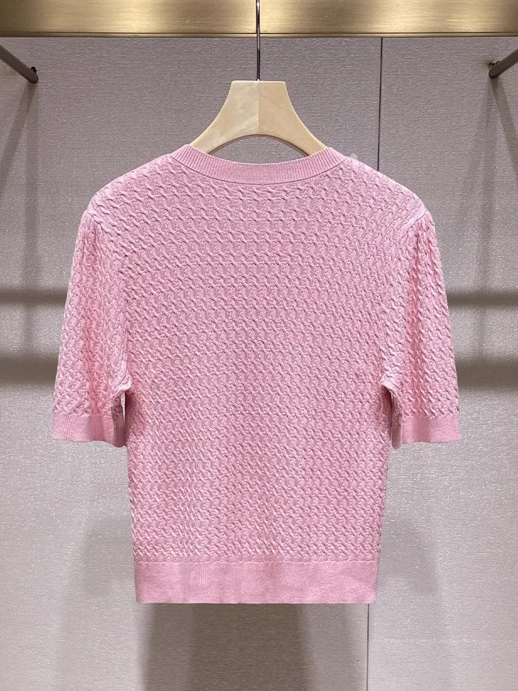 2025 Summer New Style Females Beading Sweet Knitted T-Shirts Fashion O-Neck Short Sleeve Cardigan Easy Matching Sweater Tees