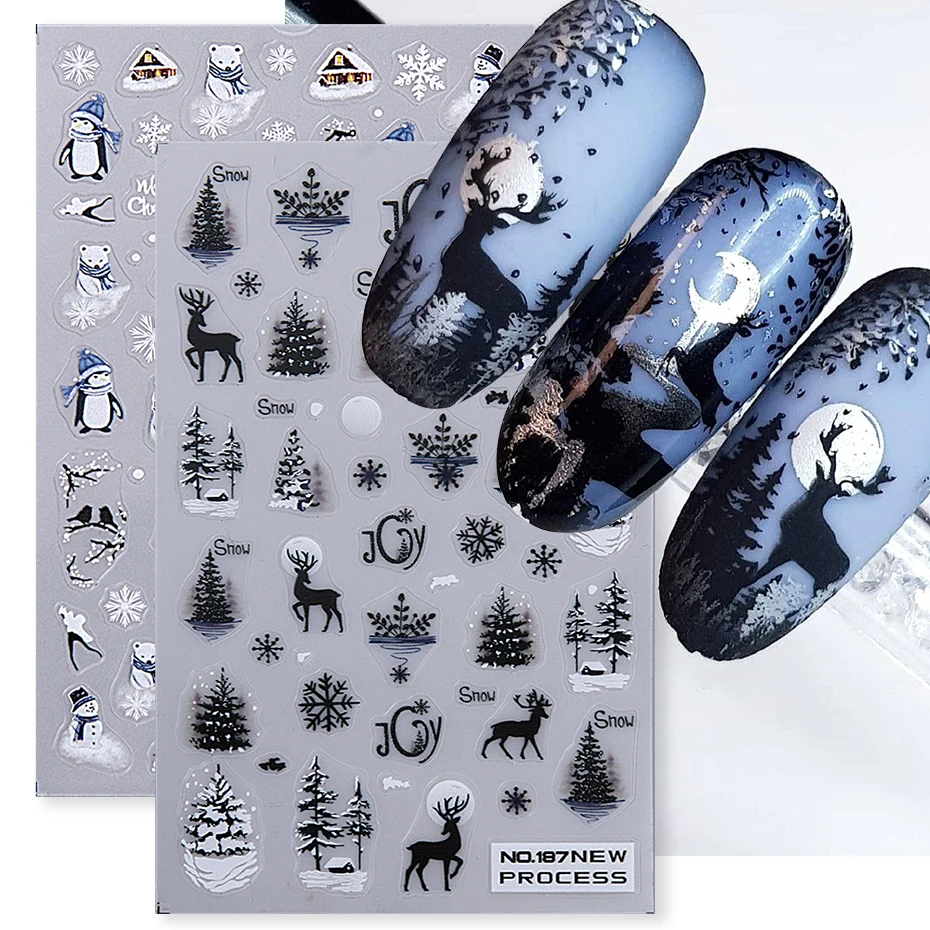 

2 шт., рождественская серия, наклейки для маникюра для ногтей, лесной лось, снеговик, пингвин, кролик, медведь, дизайн, фольга, зимний силуэт, наклейки, декор