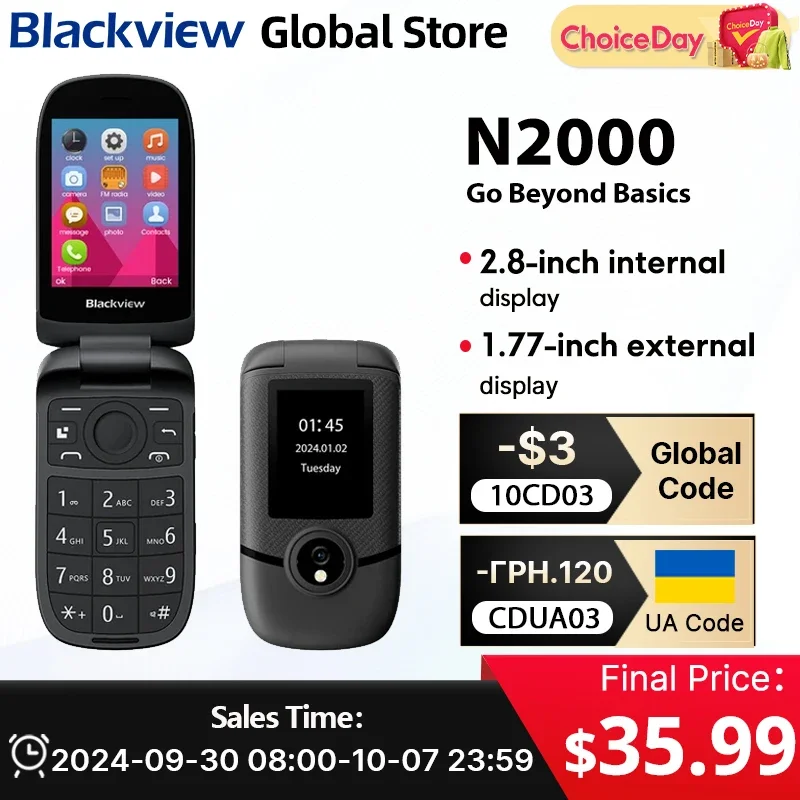 Blackview-Téléphone portable à rabat N2000, 2.8 ", deux écrans, SOS rapide, appel rapide, numérotation, bouton poussoir, téléphone portable plié pour senior