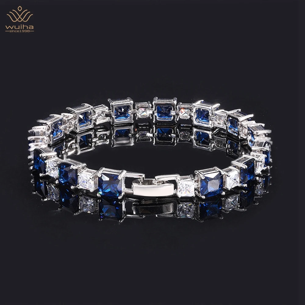 WUIHA-pulsera de plata de ley 925 con diamantes sintéticos para mujer, brazalete de aniversario con piedras preciosas de zafiro vívido de 6MM, regalo, envío directo