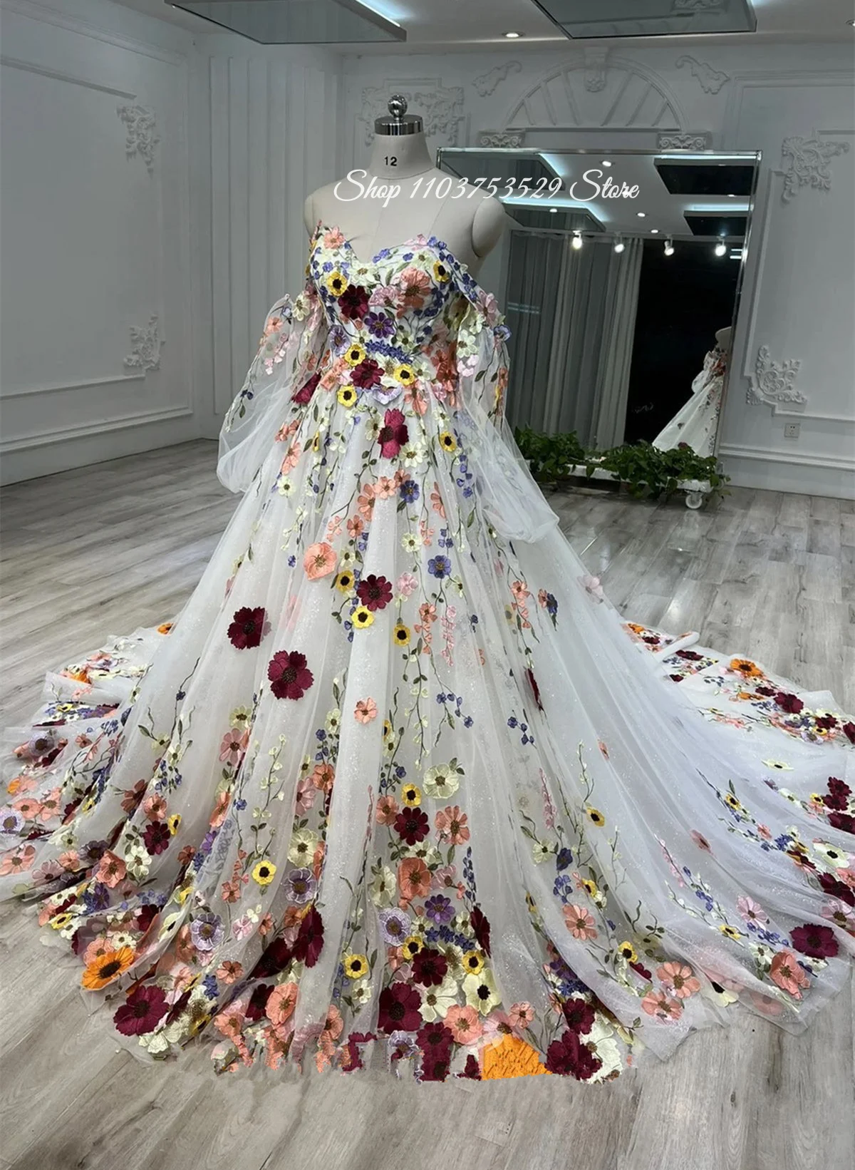 Colorful 3D Floral Appliqué Off-the-Shoulder Wedding Dress Customized Dreamy Bohemian Bridal Gown Beach Wedding Forest-Themed