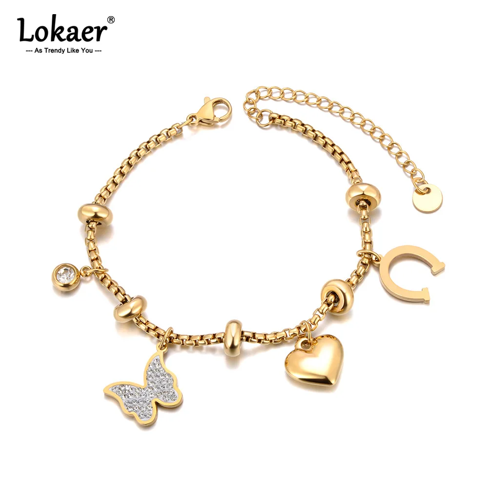 Lokaer Fashion Rhinestone Butterfly Heart Charm Bracelet Stainless Steel Cubic Zirconia Summer Holiday Jewelry for Women B25020