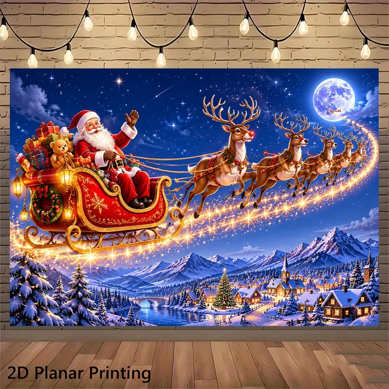 VIKAMA Santa Sleigh Reindeer Tapestry, Moonlit Christmas Village Mountains, Xmas Wall Hanging for Living Room Bedroom