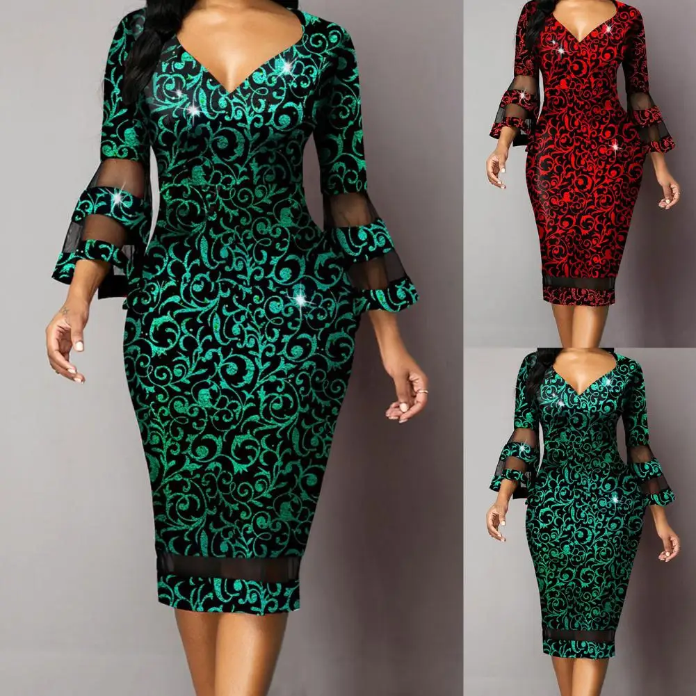 Evening Dress  Beautiful Fashionable Print 3/4 Flare Sleeve Lady Dress  Shrink Resistant Bodycon Dress