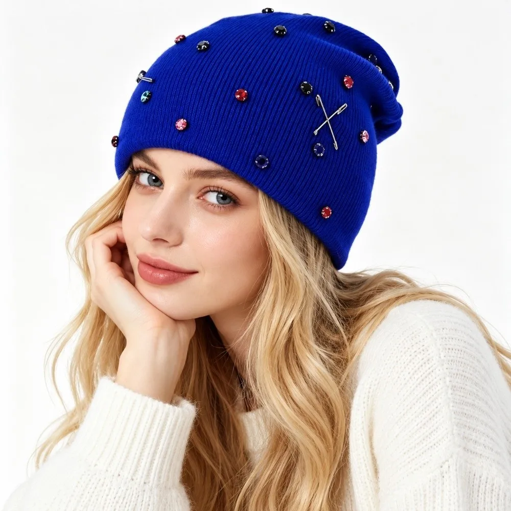 Versatile Ear Protection Rhinestone Beanie Hat Elastic Solid Color Knitted Beanie Hat Loose Fold Cuff Pullover Hat Daily Wear 3