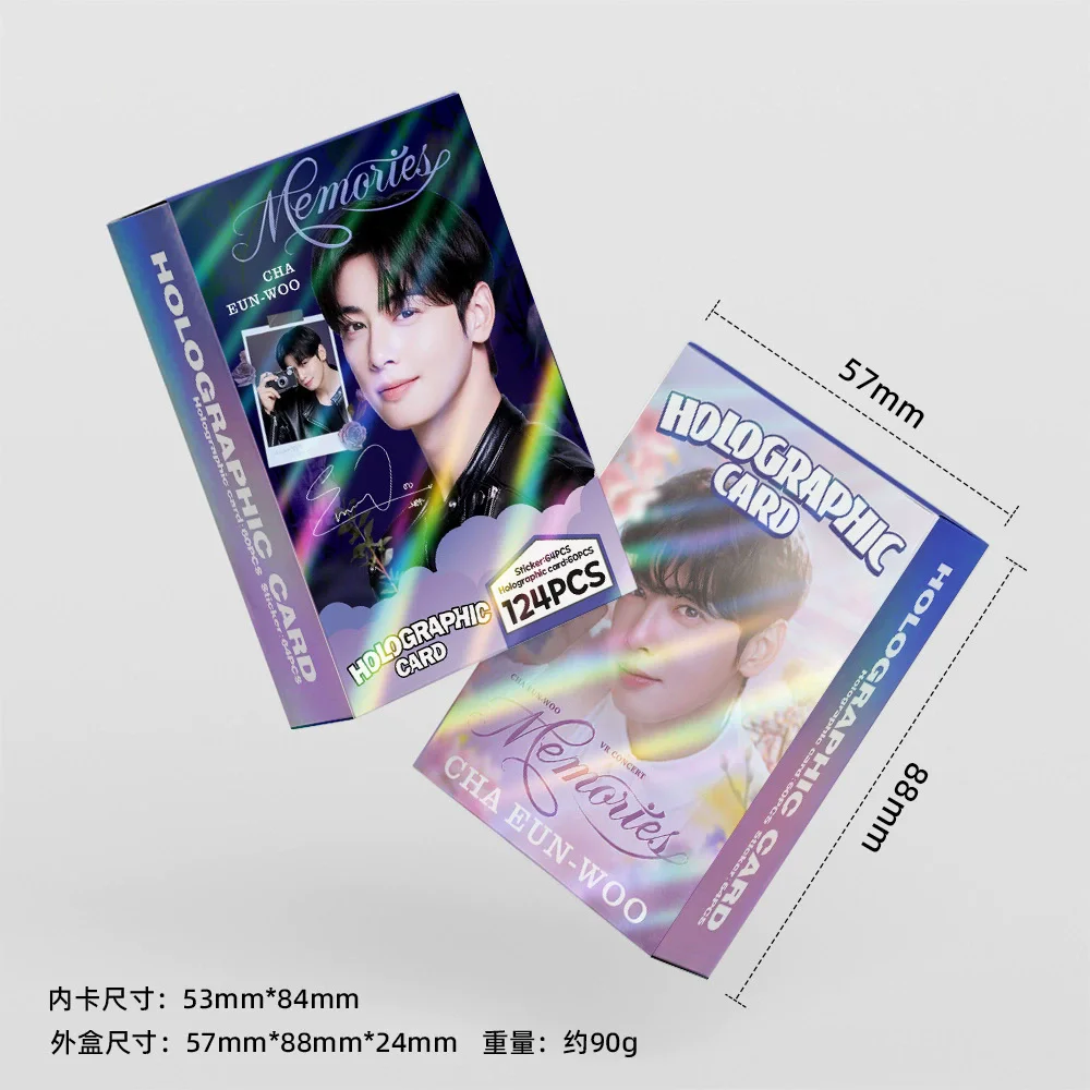 124PCS 차은우 홀로그램 포토 카드 - 양면 한국 스타 LOMO 수집용 카드 스티커 세트