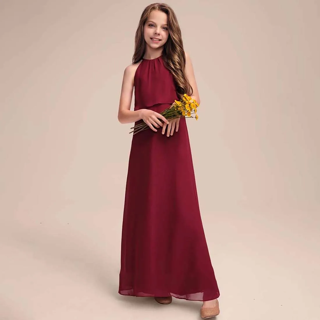 Yzymanual room chiffon junior brautjungfer kleid mit plissiertem a-line halfter bodenlänge 2-15t