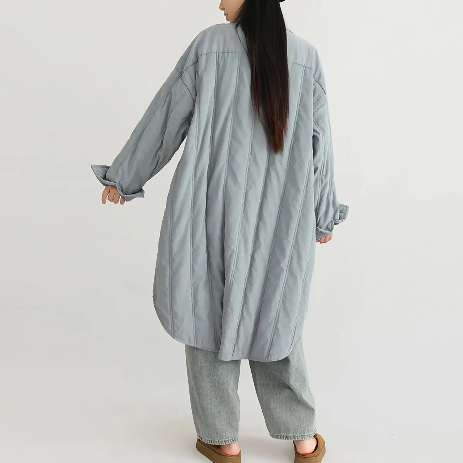 LZJN المرأة الشتاء الرجعية مستوحاة النمط الأدبي قميص طوق معطف مبطن فضفاض منتصف طول تصميم مع جيوب كبيرة عصرية #2