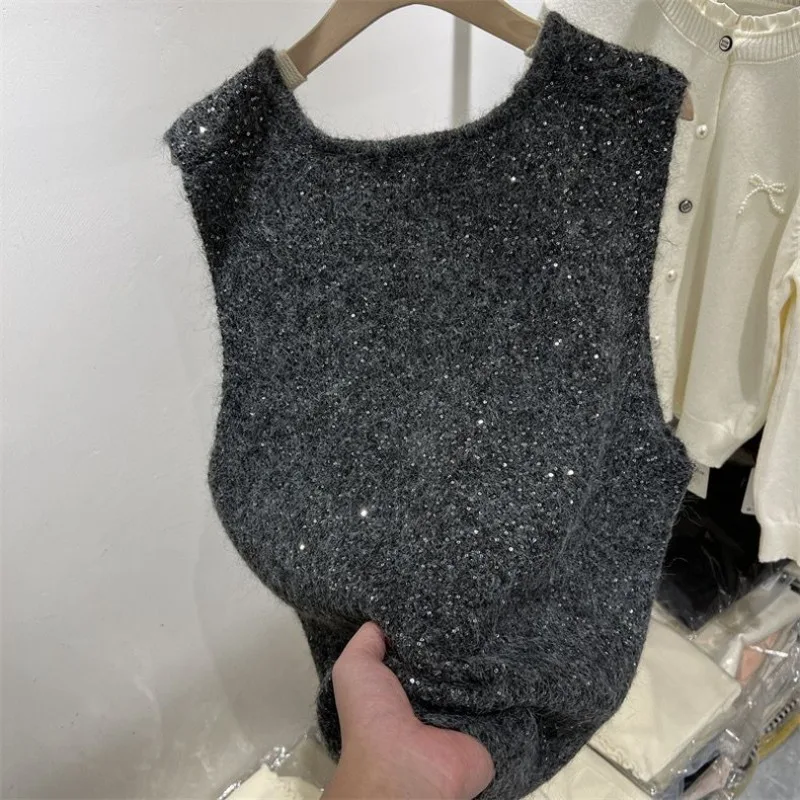 الكورية نمط لامعة سترة مطرزة الخامس الرقبة أكمام سترة فضفاضة سترة المرأة الأعلى #5