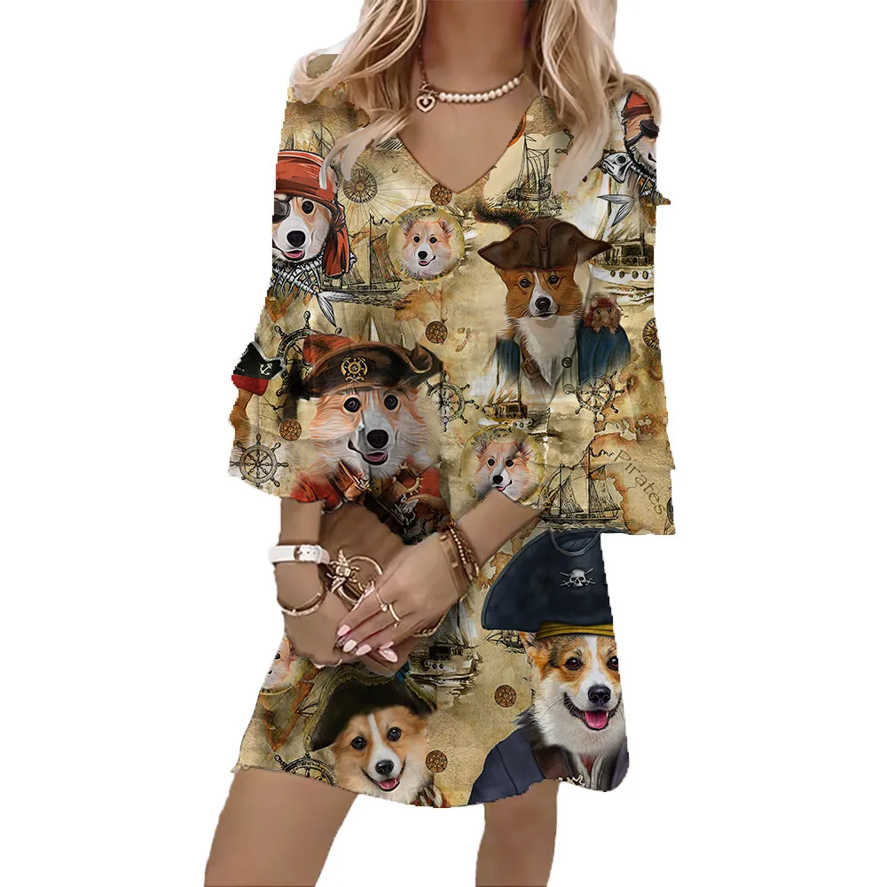 Jumeast Pirate Dog Women Casual Flared Sleeve V-Neck Dress Boston Terrier Pattern Elegant Skirt Tropical Style Vintage Clothing