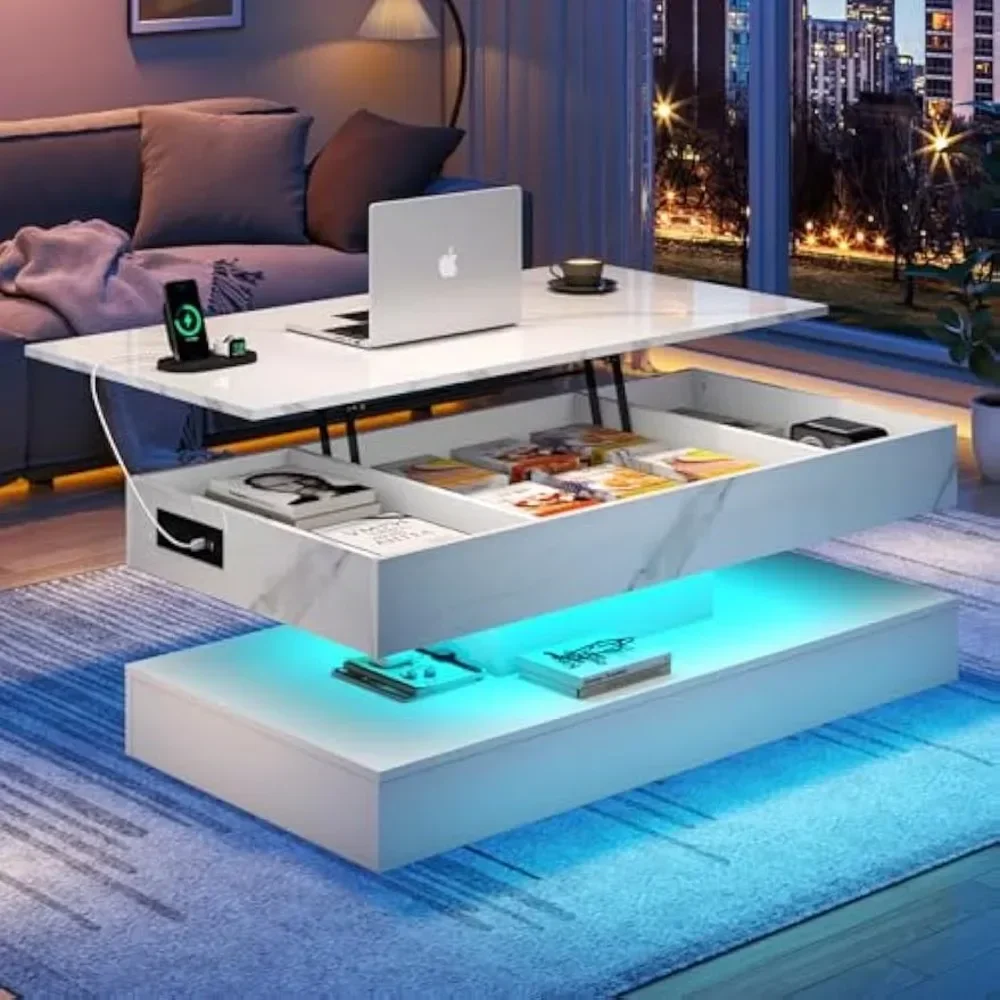 47.2" Large Lift Top Coffee Table with Charging Station, LED Modern High Glossy Center Table with Hidden Compartment Storage