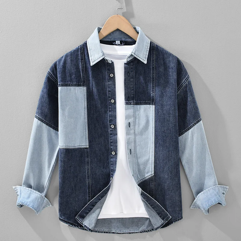 

Spring Summer New Mens Denim Shirts Japanese Fashion Streetwear Men Jean Shirts Patchwork Designer Shirts Handsome Cowboy Top