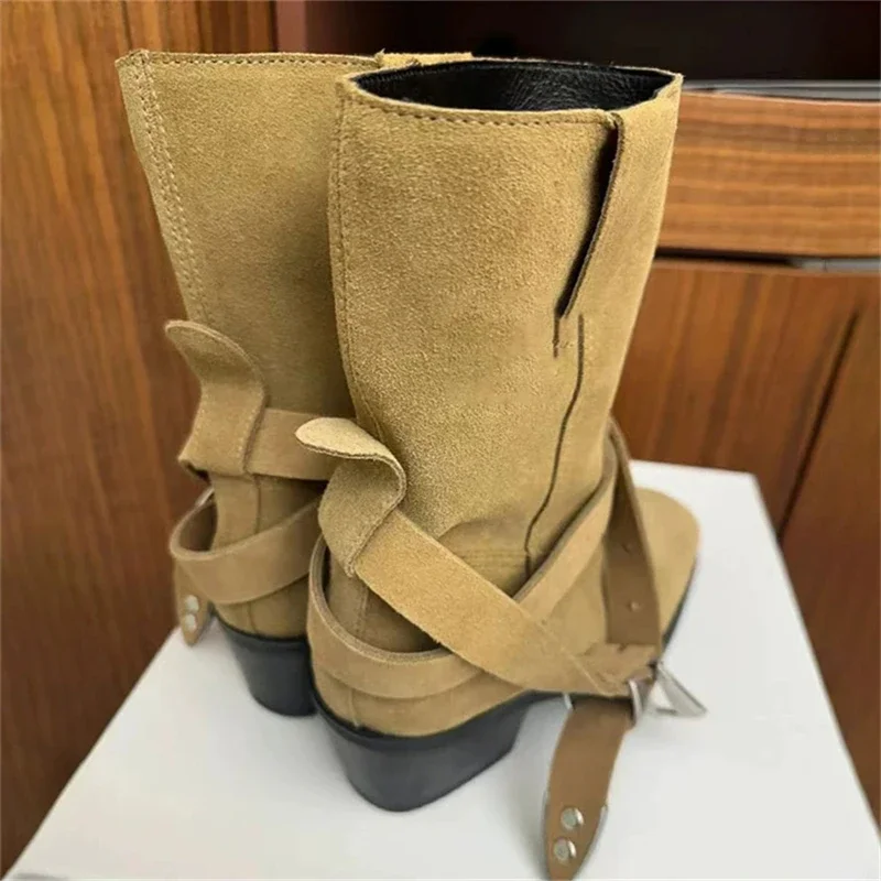 

Aneikeh 2026 Autumn Winter Punk Style Square Low Heels Design Belt Buckle Women Ankle Boots Shoes Ladies Chelsea Booties