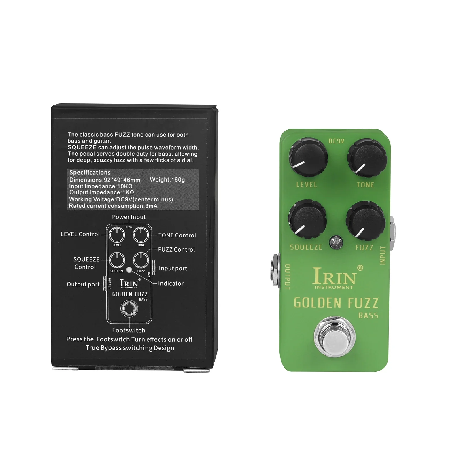 IRIN-RS-20 Pedal Efeito Guitarra Elétrica, Fuzz Dourado, True Bypass, Mini, Single, Acessórios e Peças