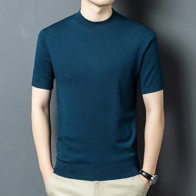 

Sheep Wool Men Basic Tees High Quality Mock Neck Slim Fit Knit t-shirt Short Sleeve Worsted Wool Clothes Pullover Tops