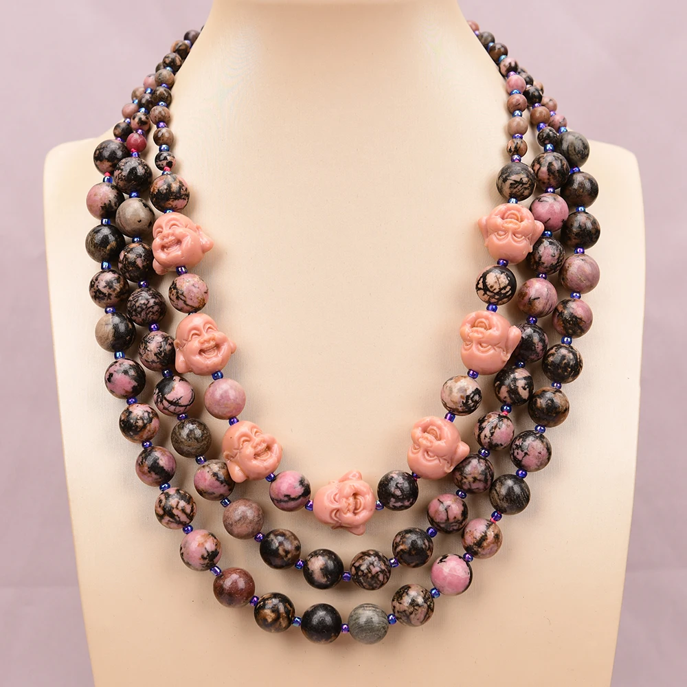 APDGG A35 Handmade 3 Rows Natural Mix Stone Rhodochrosite Resin Buddha Head Multi Strands Necklace