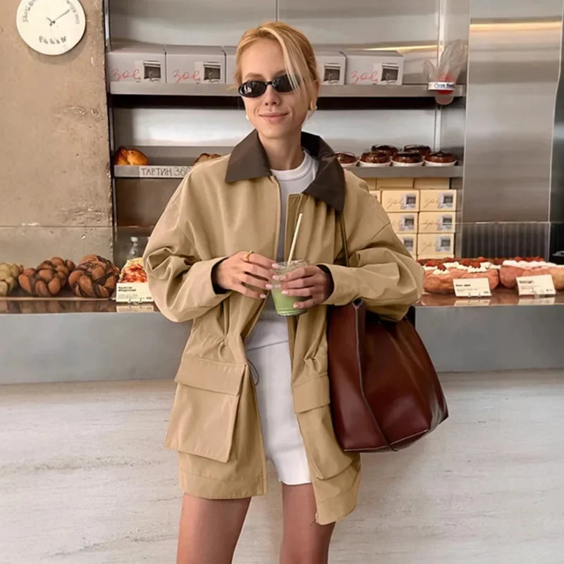 Contrast Lapel Trench Jacket For Women Casual Loose Fit Zip Up Style With Drawstring Waist Functional Pockets Urban Chic Look