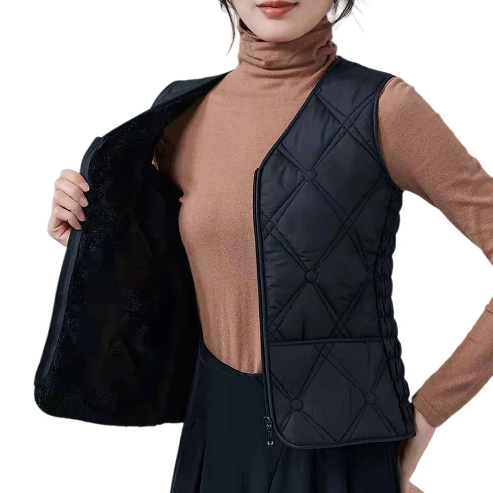 Womens Regular Length Solid Color Zippered Vest Featuring V Neck Design Diamond Pattern and Soft Fleece Interior