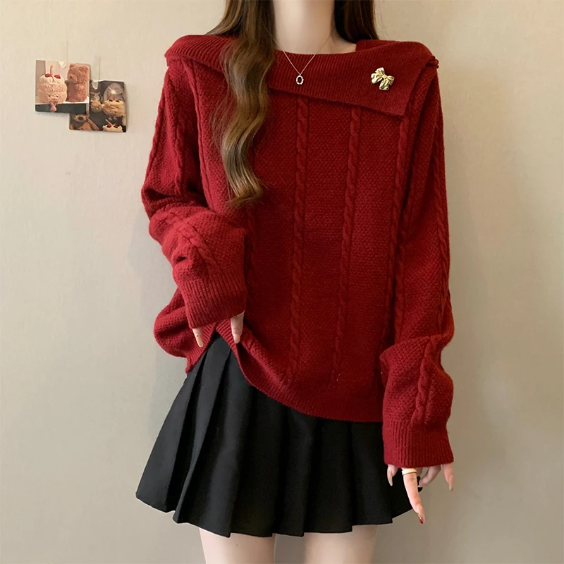 

Korean Style Red Long Sleeve Knitted Loose Fit Women's Top for Autumn Winter plus Size Fashionable Skirt Two Piece Set