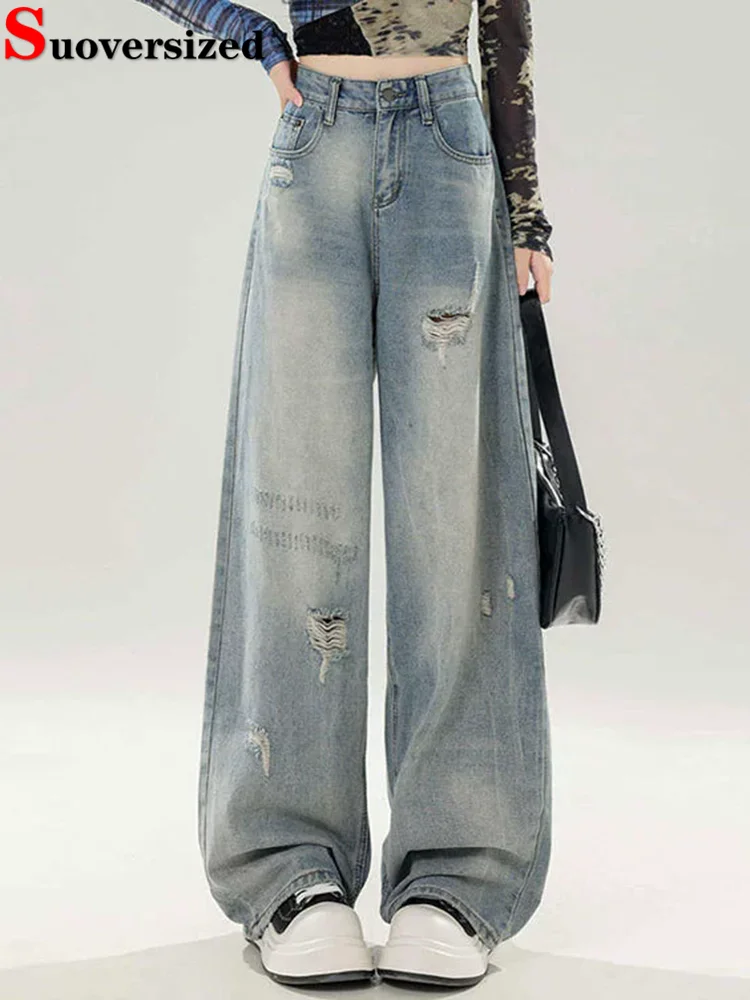 

Дизайн с дырками, свободные прямые джинсы, корейская мода, широкие джинсовые брюки с высокой талией, женская повседневная уличная одежда, мешковатые шикарные новые Vaqueros