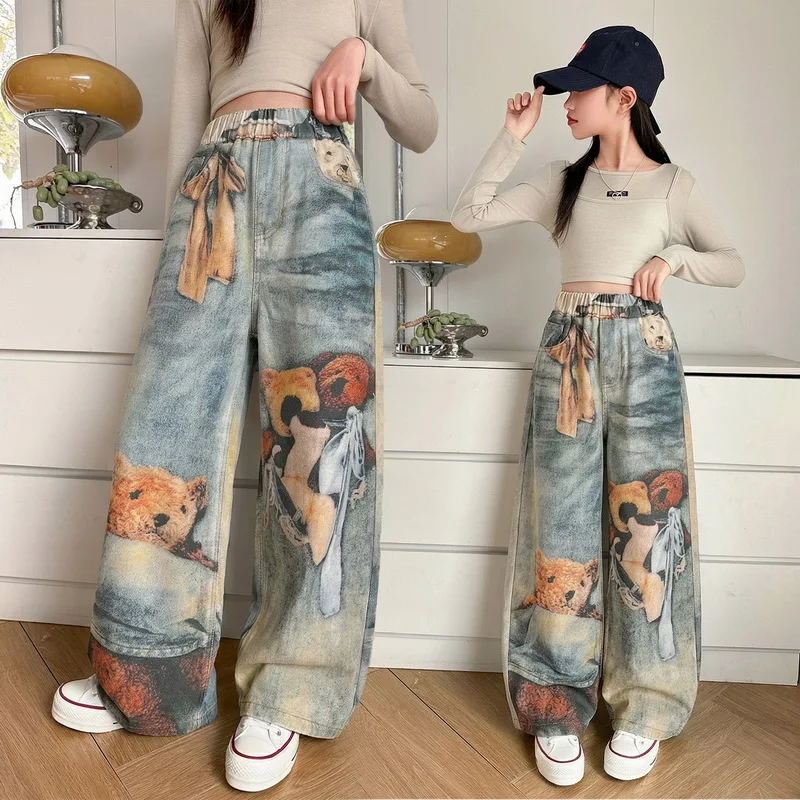 Girls Straight Loose Jeans with Bear Printed Spring Autumn Children's American Street Painting Wide Leg Denim Pants Kids Trouser