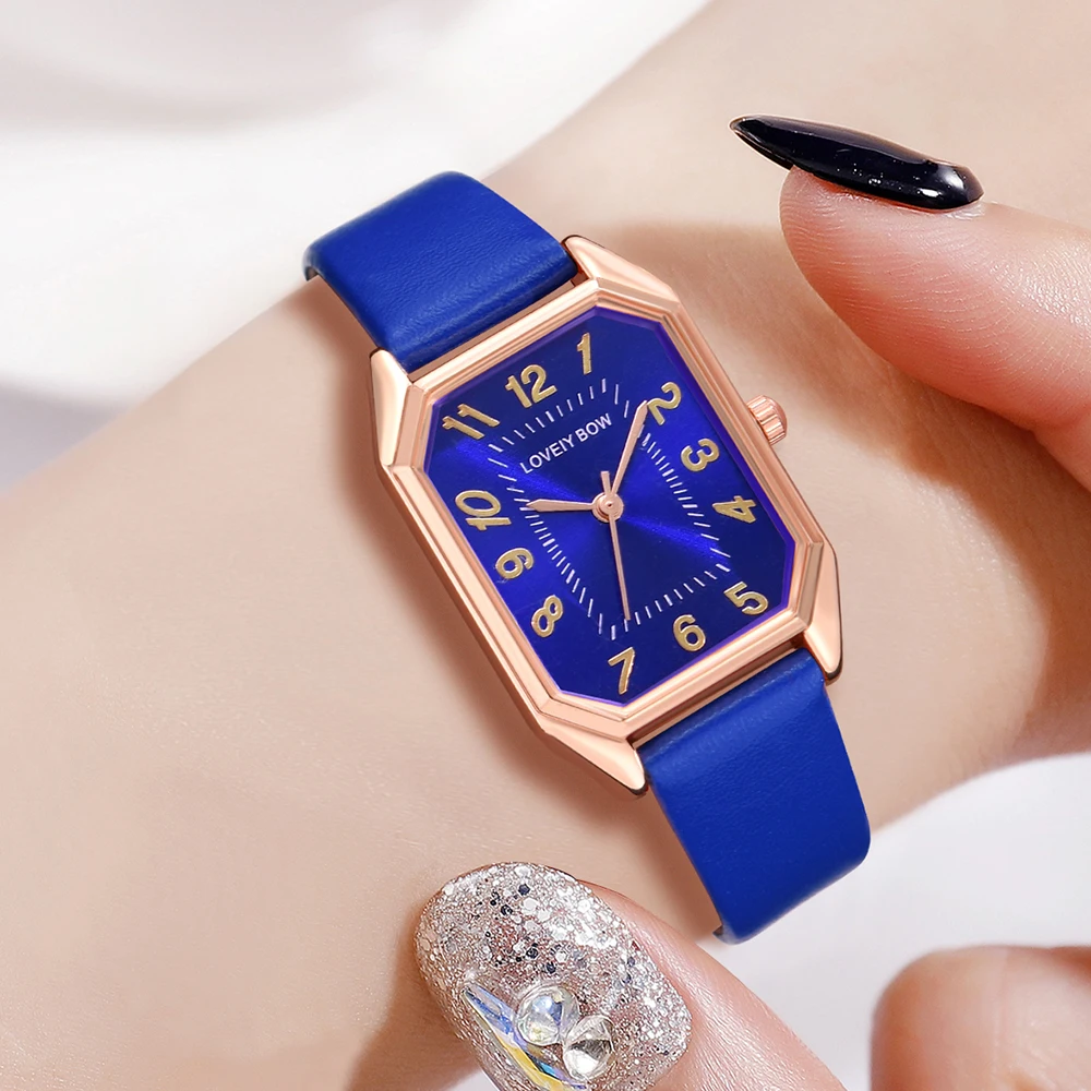 Blue 6PCS/Set Women Watch Rectangular Dial Quartz Wristwatch PU Leather Strap Watch Rectangular Blue Gemstone Set Gift For Mom