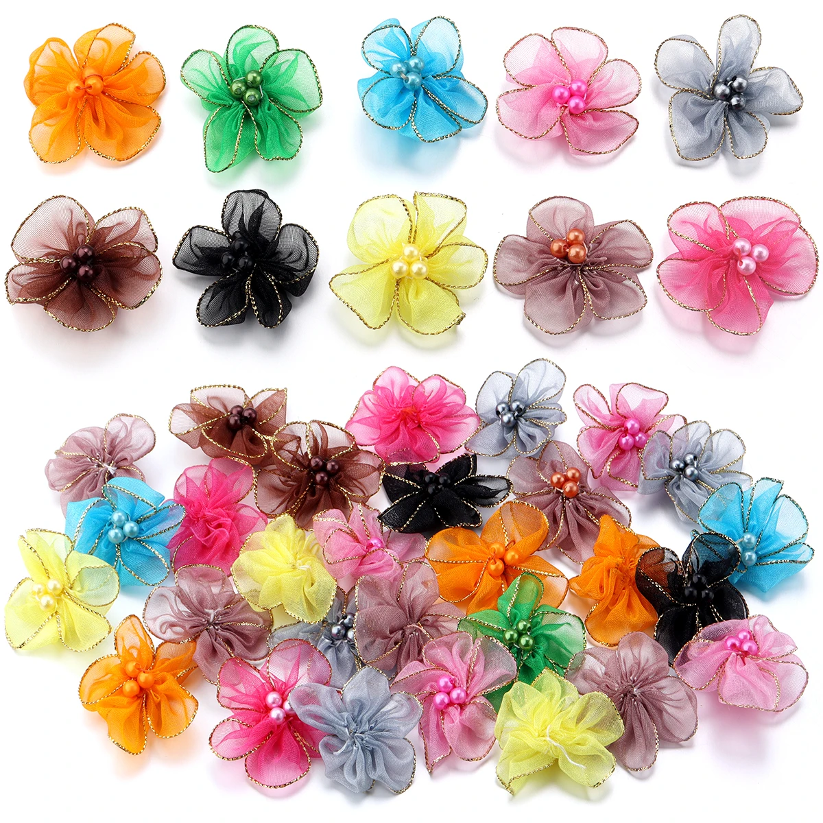 20pcs/pack Snow Gauze Fabric Flower Gold Edge Handmade Plum Blossoms for DIY Clothing Decoration Sewing Applique Accessories