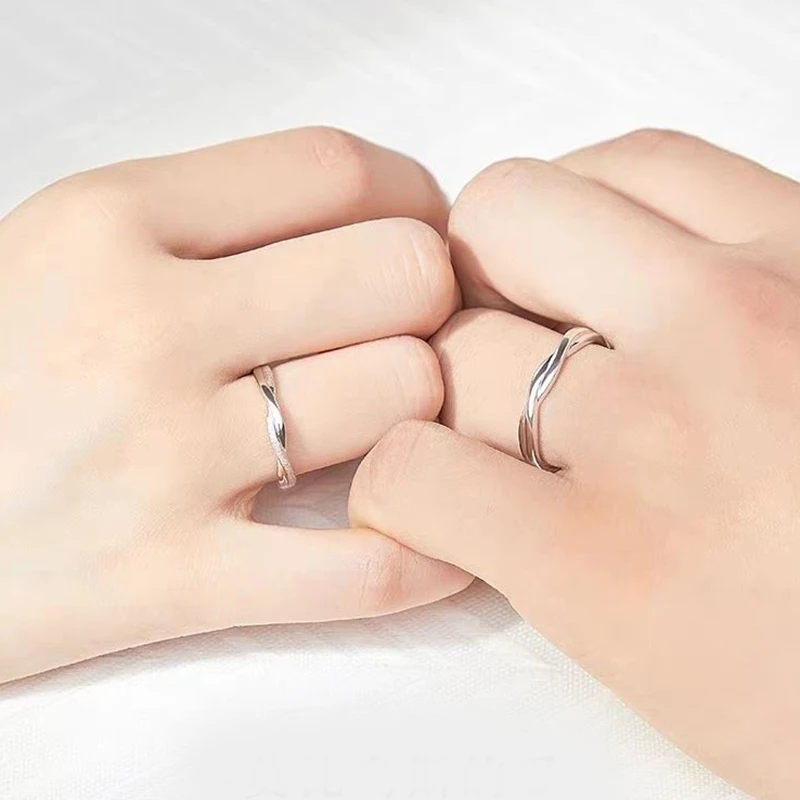 Fashion Couple Rings Set Silver Color Simple Opening Adjustable Finger Ring Light Luxury Jewelry For Women Men Anniversary Gift