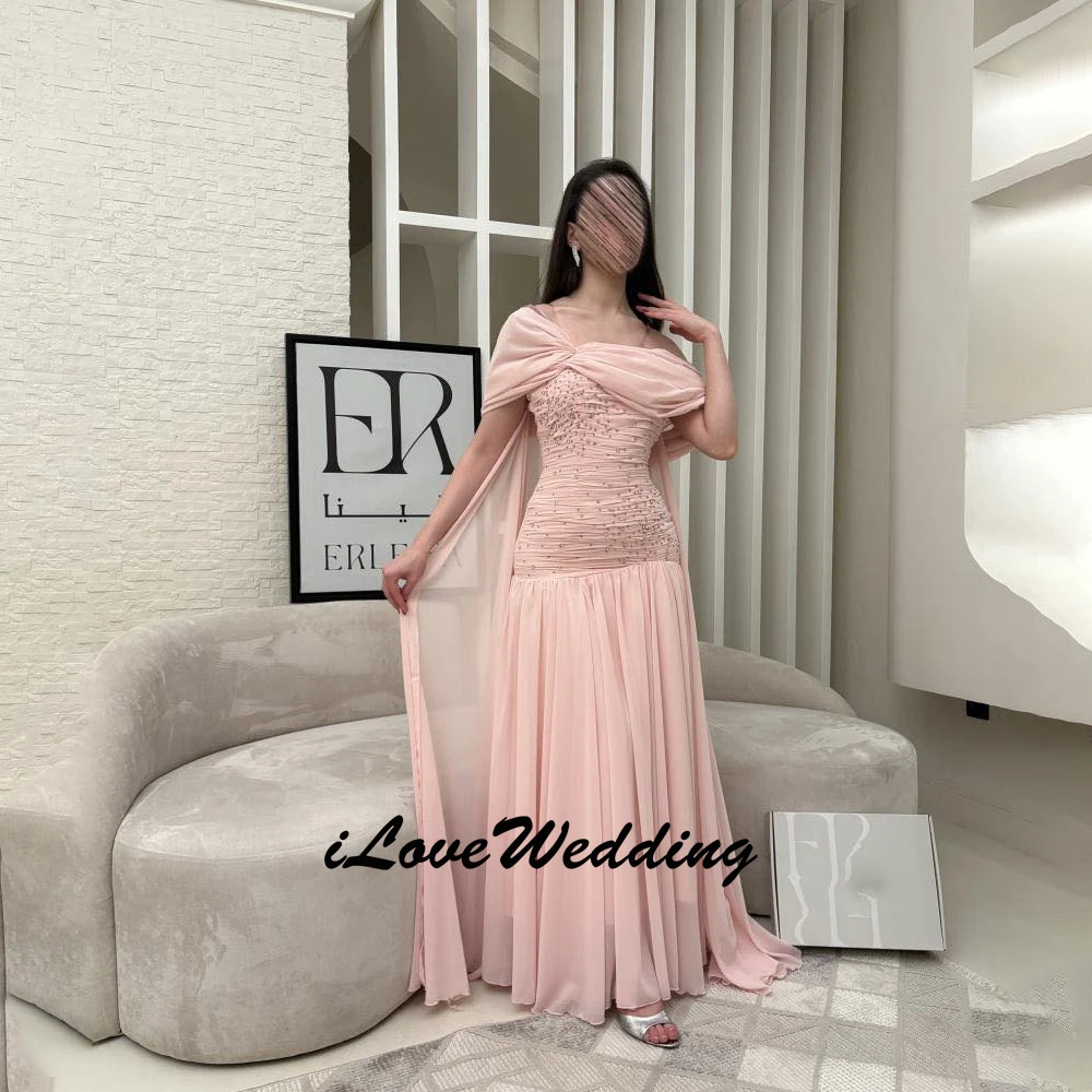 

Розовые вечерние платья для выпускного вечера в арабском стиле с открытыми плечами и рюшами из шифона трапециевидной формы, вечерние женские свадебные платья для гостей по индивидуальному заказу 2025