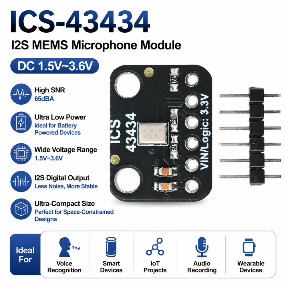 DC 1.5V–3.6V ICS-43434 I2S MEMS Microphone Module, Low-Pass Filter Module, I2S Interface (PDM Mode Compatible)
