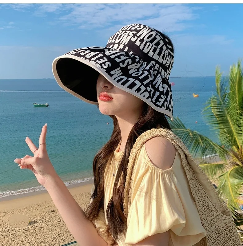 

Double-sided Wide-Brimmed Sun Hat Women Casual Versatile UV Protection Sun Hat Large Sizes Available Letter Print