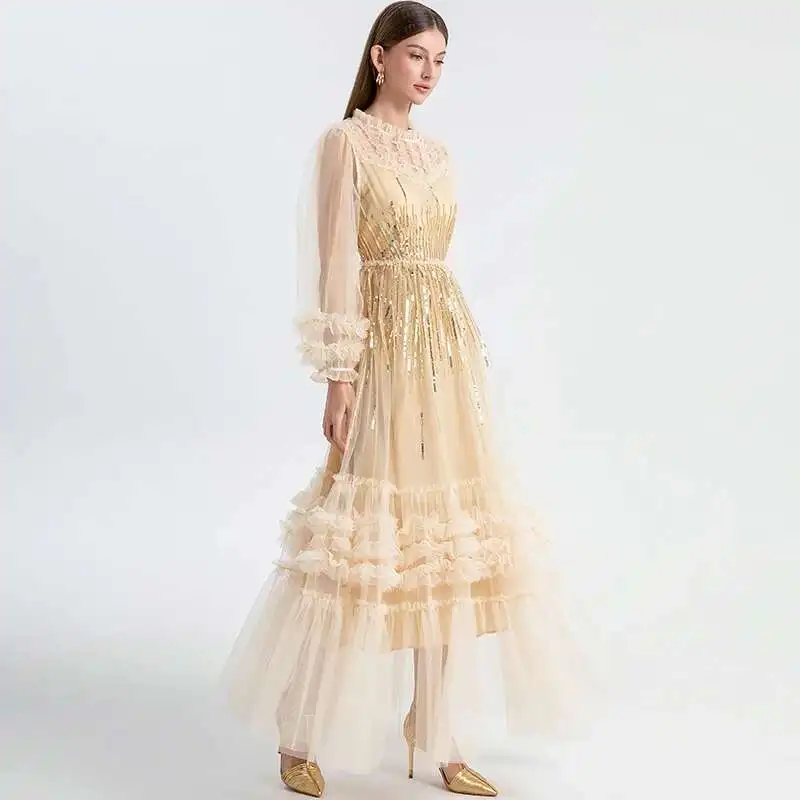 Elegante bordado lantejoulas vestidos longos feminino verão camada babados bolo manga cheia festa de noite vestidos malha tule midi robe