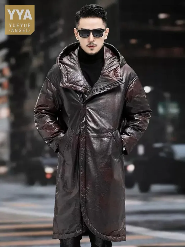 Winter Men Long Cowhide Genuine Leather Jacket Hooded Thick Warm Windbreaker Trench Down Coat Designer Real Leather Overcoat 5XL