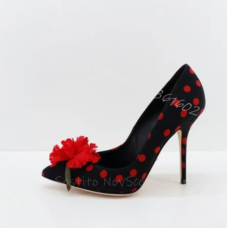 Red Dot Flower Pumps Pointed Toe Flower Decor Stiletto Sandals Cover Heels Sexy Lady Slip On Shallow Summer Dress Party Shoes