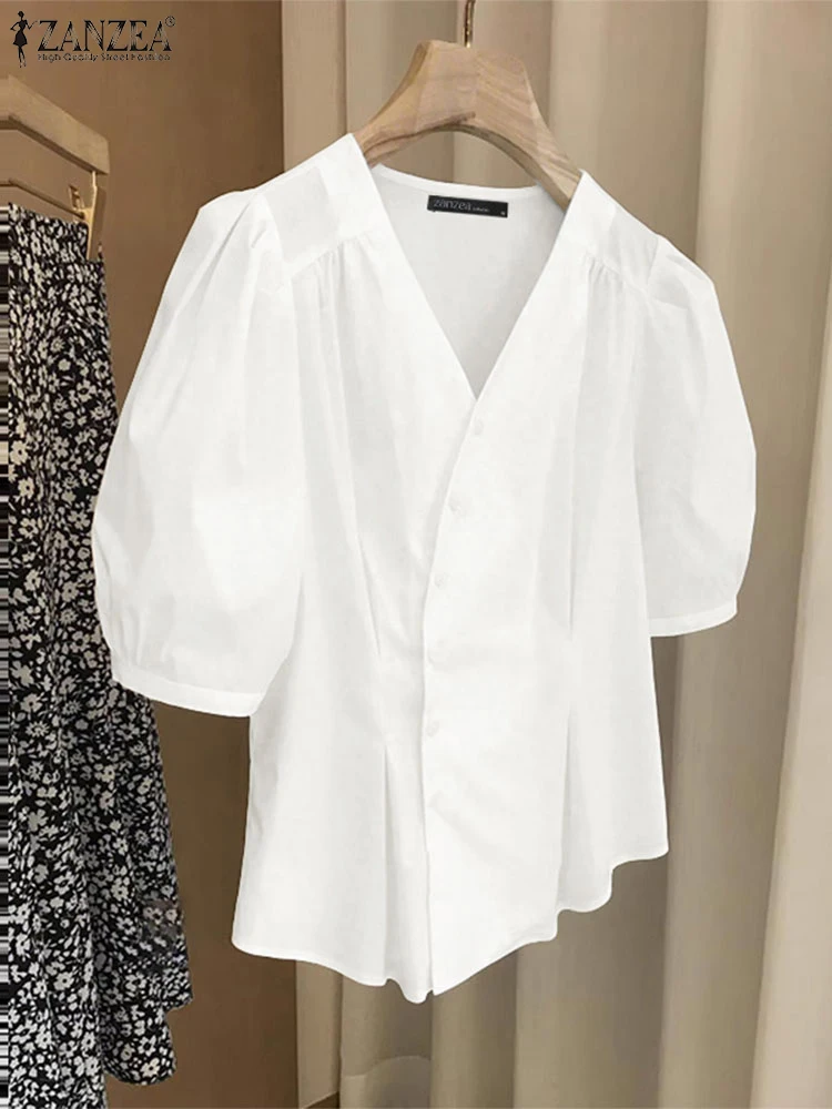 ZANZEA สตรีแฟชั่นแนวทแยงด้านหน้าเสื้อ Elegant ครึ่งพัฟแขนห่อ V คอ Cinch เอว Chemise เดินทาง Tops Streetwear