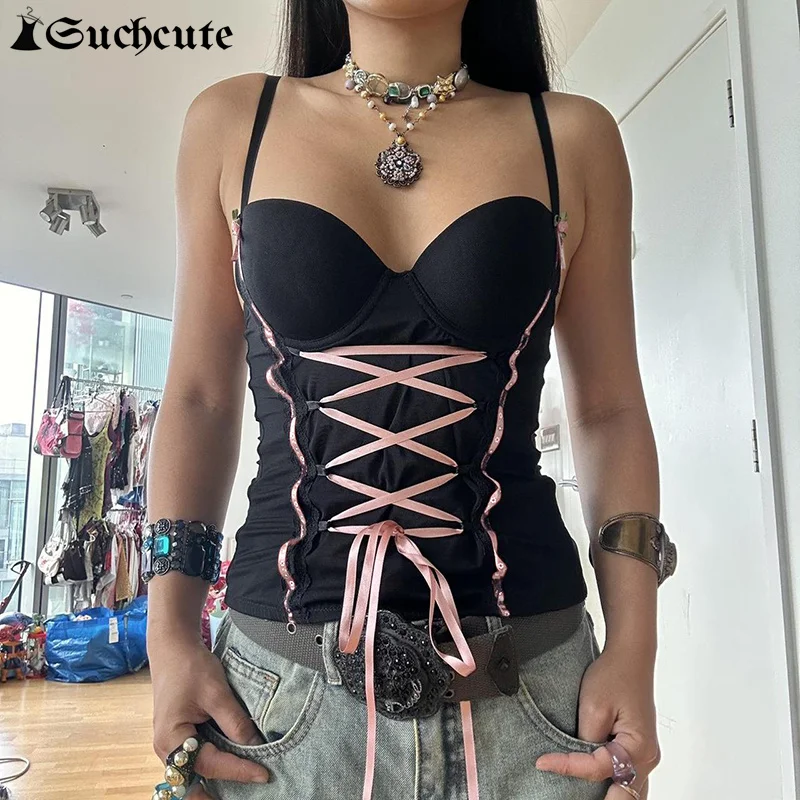 

SUCHCUTE Y2K Camisoles Fashion Aesthetic Bandage Backless Slim Tank Top Women Harajuku Drawstring Knitting Sexy Corset Crop Tops