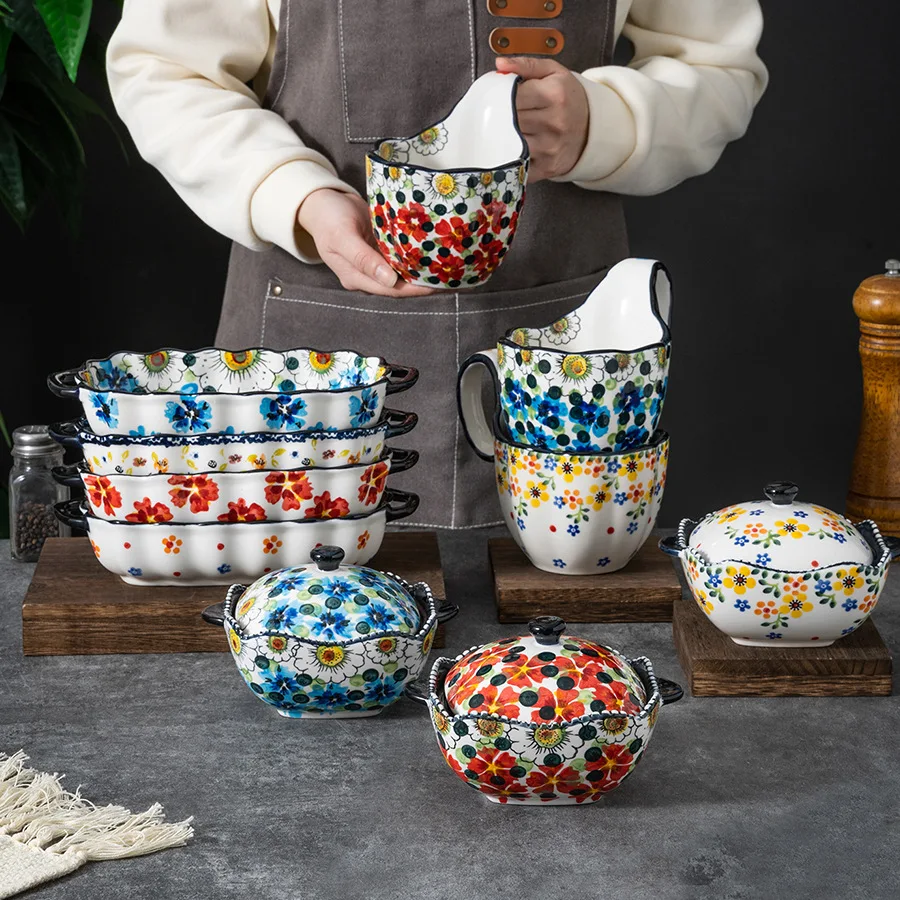 

Креативный набор керамических чаш с ручной росписью, миска для супа с двойным ухом, домашняя посуда, кофейная кружка