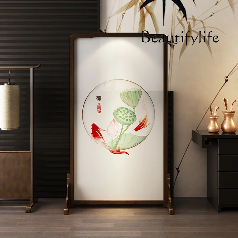 

ld25 Modern screen partition solid wood living room entrance new Chinese lotus fabric tenon and mortise design can be customized