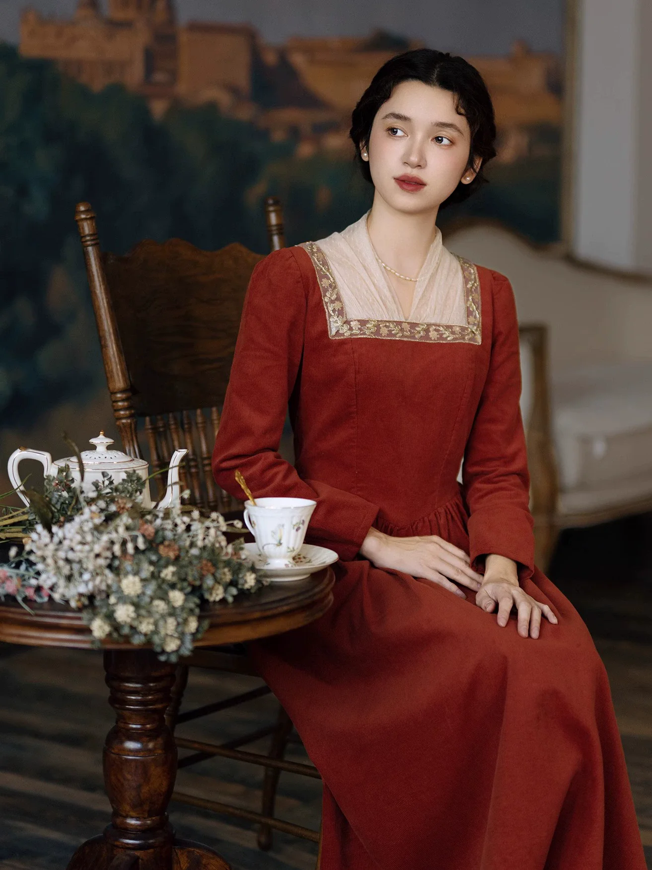 84-96cm Bust Spring Autumn Women Romantic Vintage Square Style Embroidered Patchwork Red Corduroy Cotton Dresses