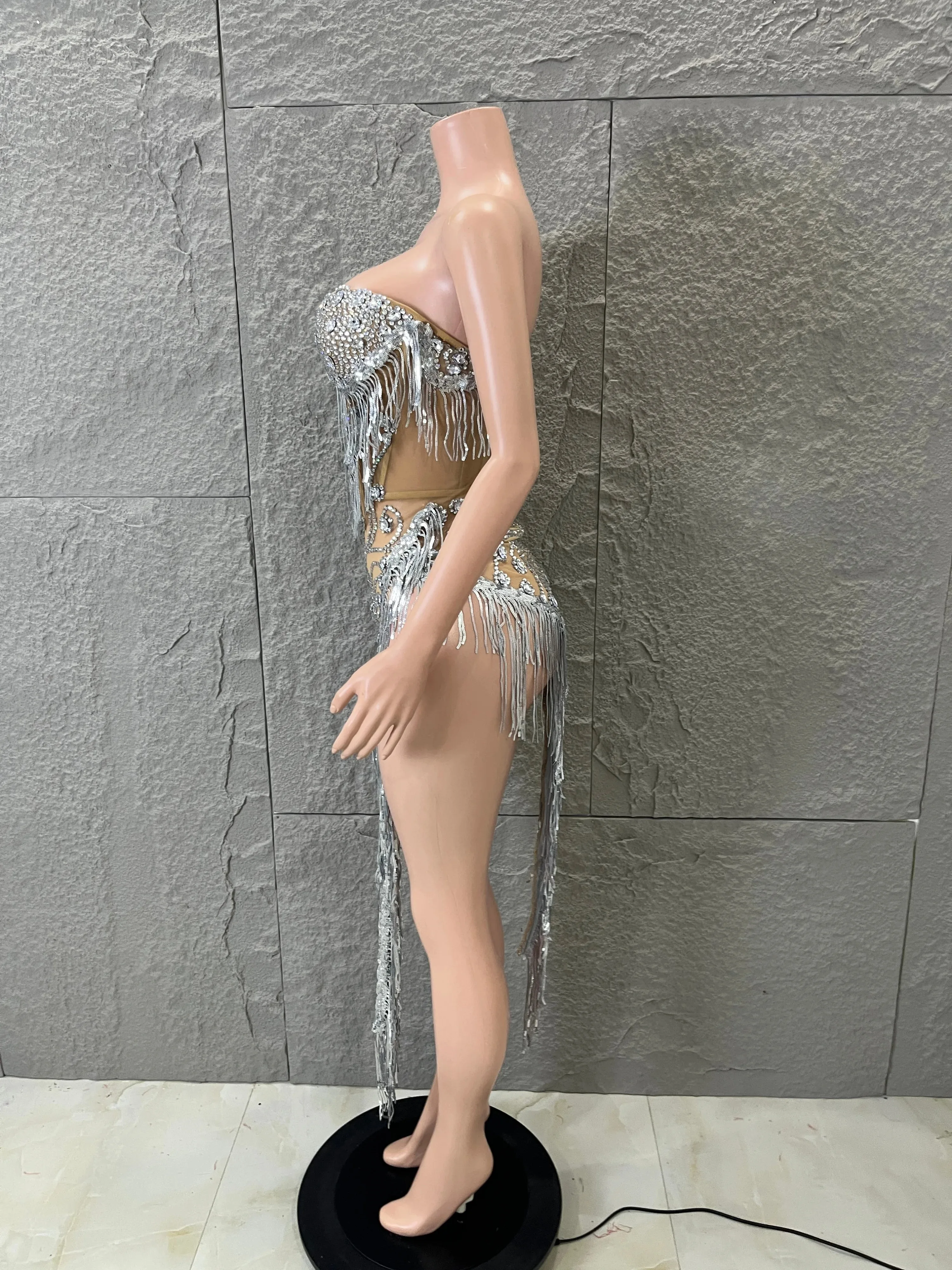 Glamorous 2026 Silver Rhinestone Mesh Dress Long Fringe Sheer Perfect Dancers Raves Nightclub Performances Night Out Streetwear