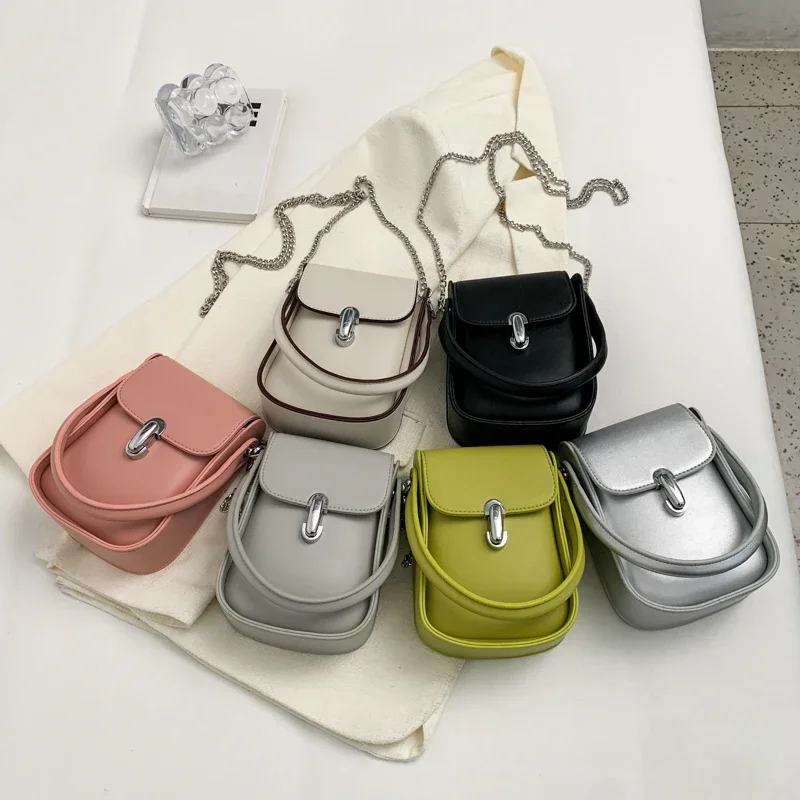 Mini Chain Cute PU Leather Crossbody Bags with Short Handle for Women 2023 Luxury Solid Color Fashion Phone Handbags and Purses