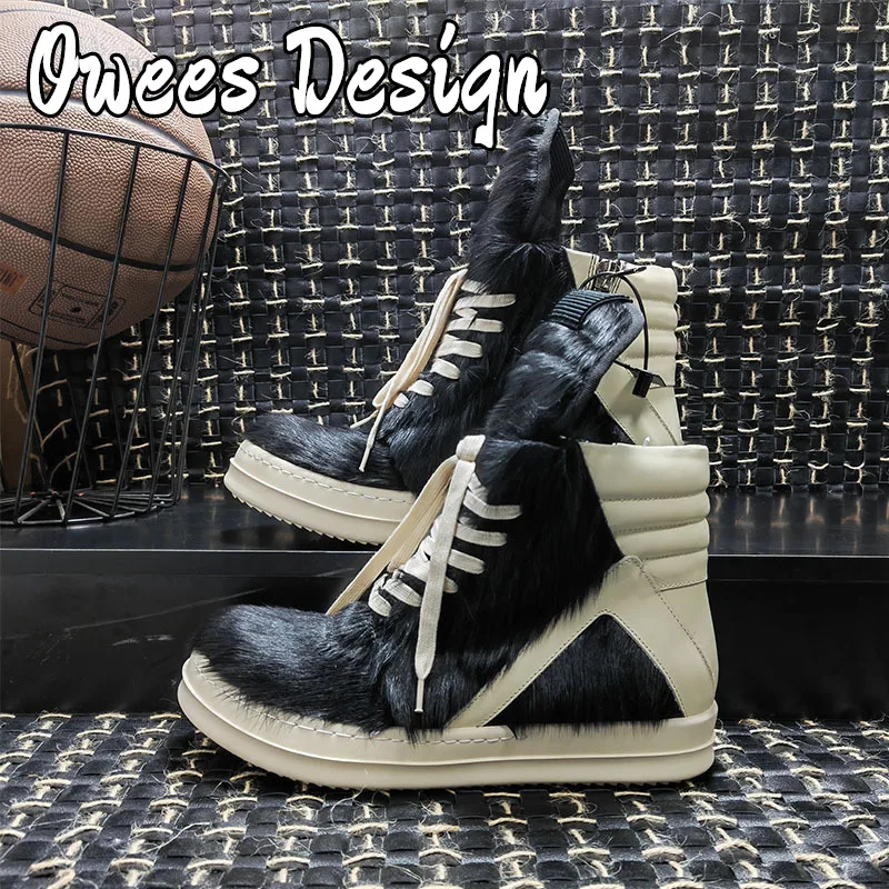 

Owees Design Zipper Ankle Boots Men's Horsehair High-tops Sneakers Women Thick Soled Quality Leather Lace-up Fashion Shoes