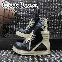 Owees Design Zipper Ankle Boots Men's Horsehair High-tops Sneakers Women Thick Soled Quality Leather Lace-up Fashion Shoes
