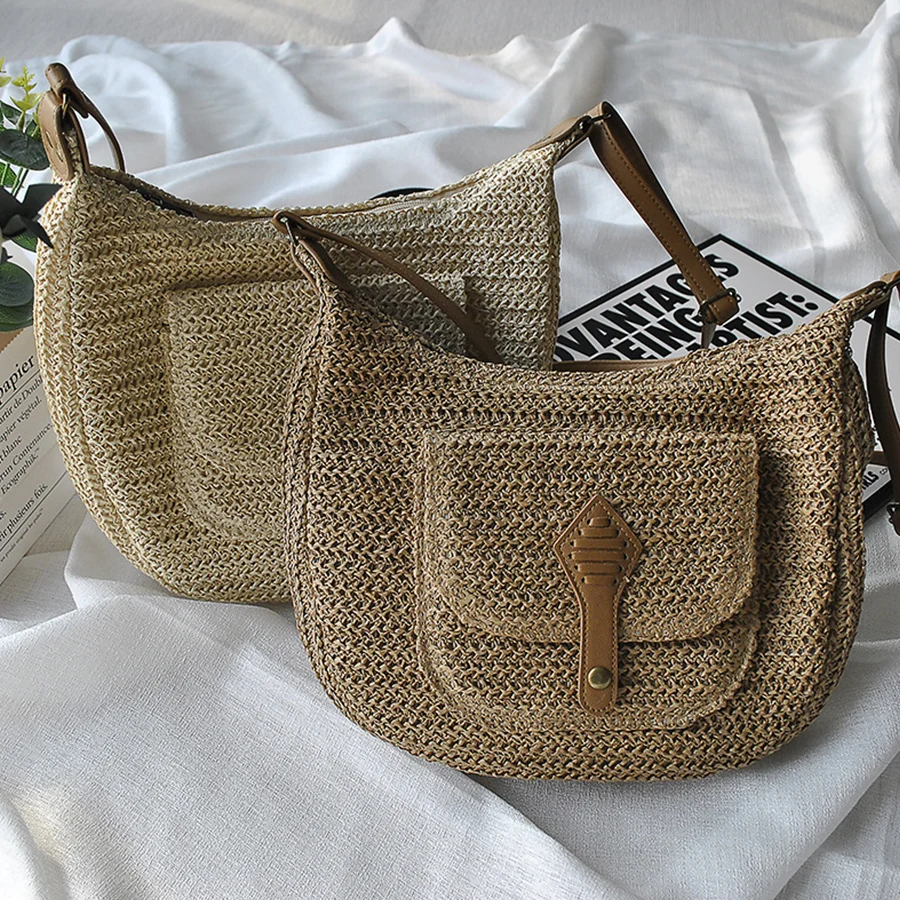 

Casual Semicircle Straw Woven Shoulder Crossbody Bag Travel Zip Handbag Ladies Summer Handmade Rattan Beach Saddle Bag Bolsa Sac