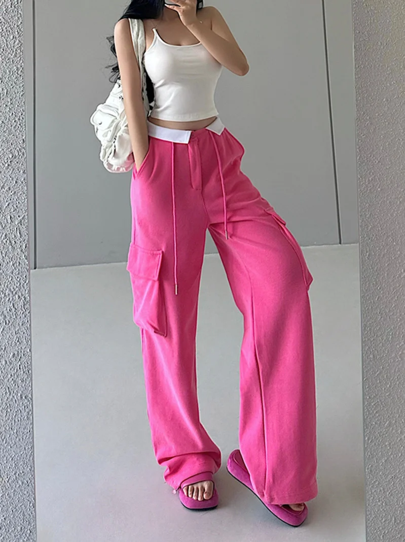 

American Street Loose Slim Drawstring Skinny Casual Pants For Women Wide Leg Pants Pink Hot Sexy Korean Women M947