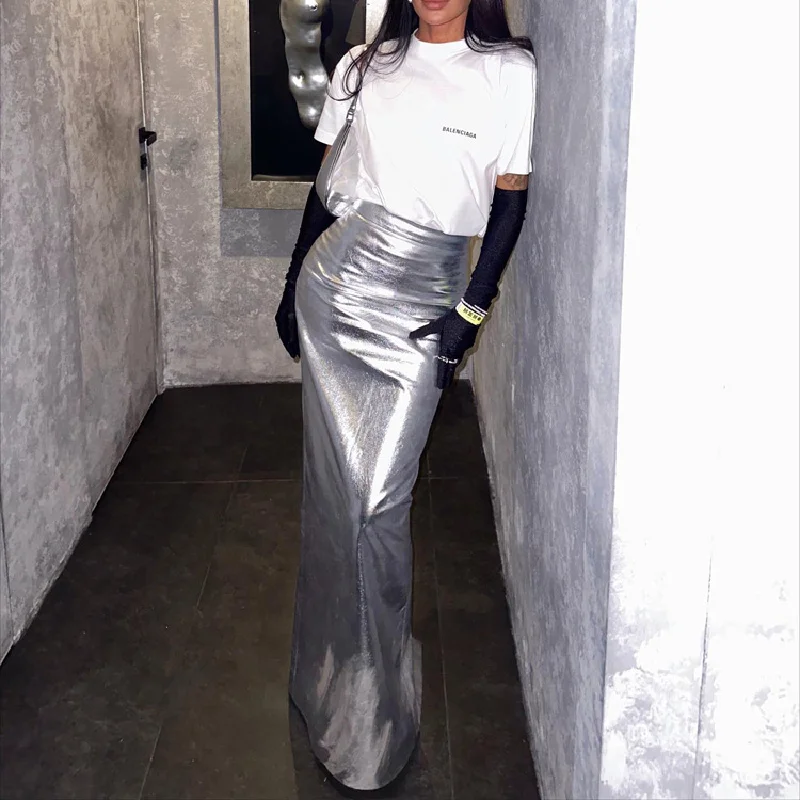 

Clinkly Fashion Sliver Pu Leather Women Skirts 2023 Bodycon High Waist Straight Maxi Skirt Elegant Slim Skirt Female Clothing